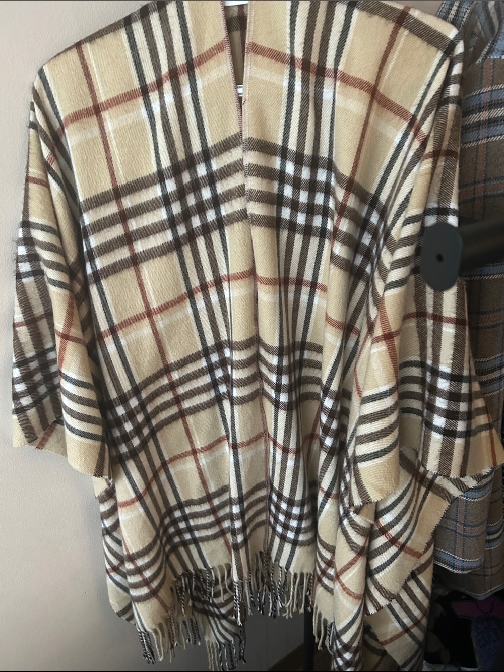 Beige Plaid Fringe Poncho Cape - Classic Check